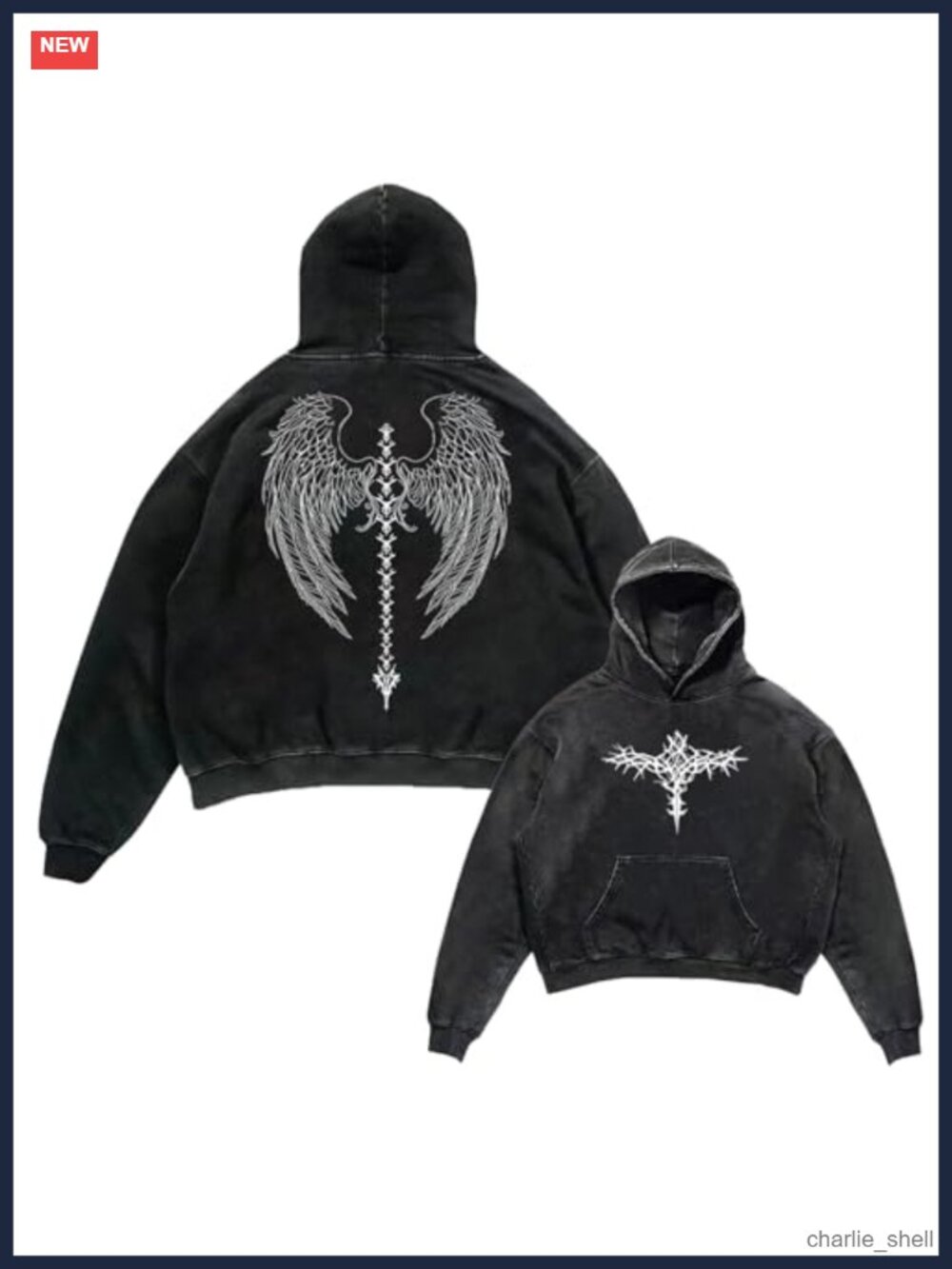 Oversize Gothic Hoodie Skull Wing Print Unisex Y2K Grunge Pullover Sweatshirt